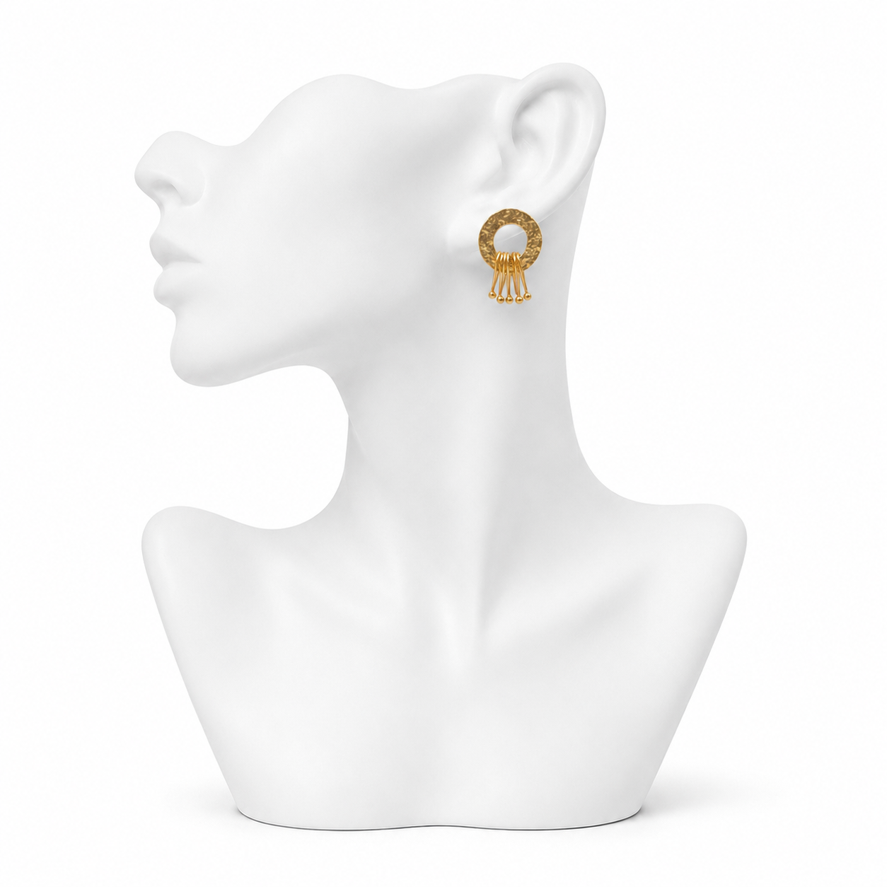 Hand Hammered Circle with Safety Pin Danglers Flash Gold Plated Stud Earring