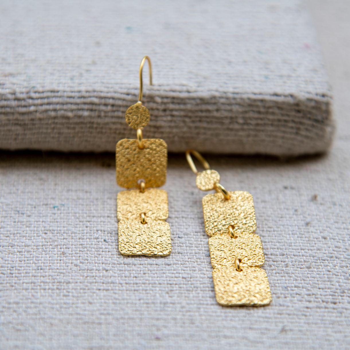 Hand Hammered 3 Tiles Flash Gold Plated Dangle Earring for Women