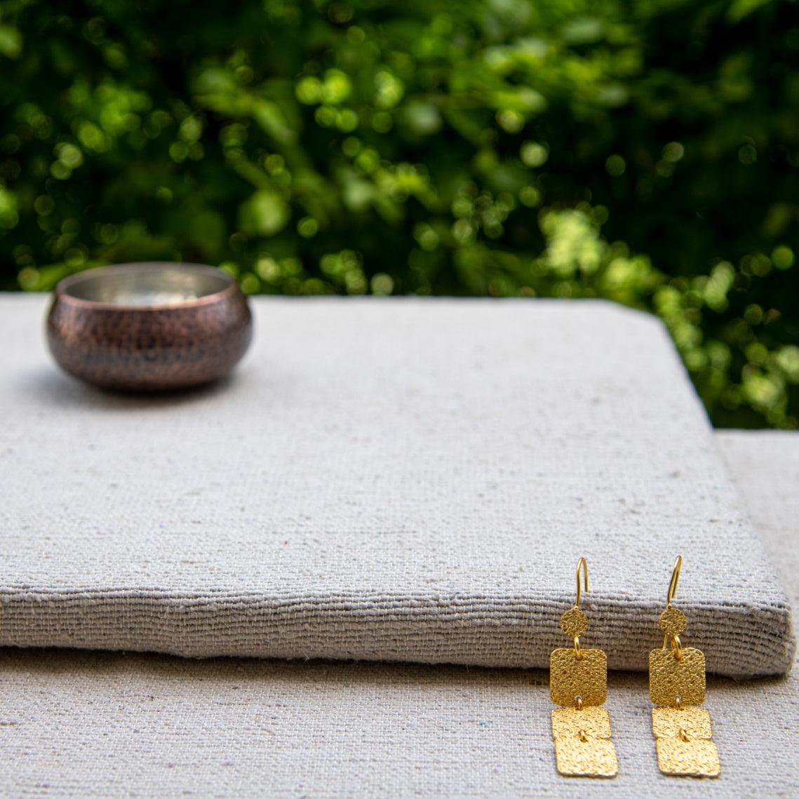 Hand Hammered 3 Tiles Flash Gold Plated Dangle Earring for Women
