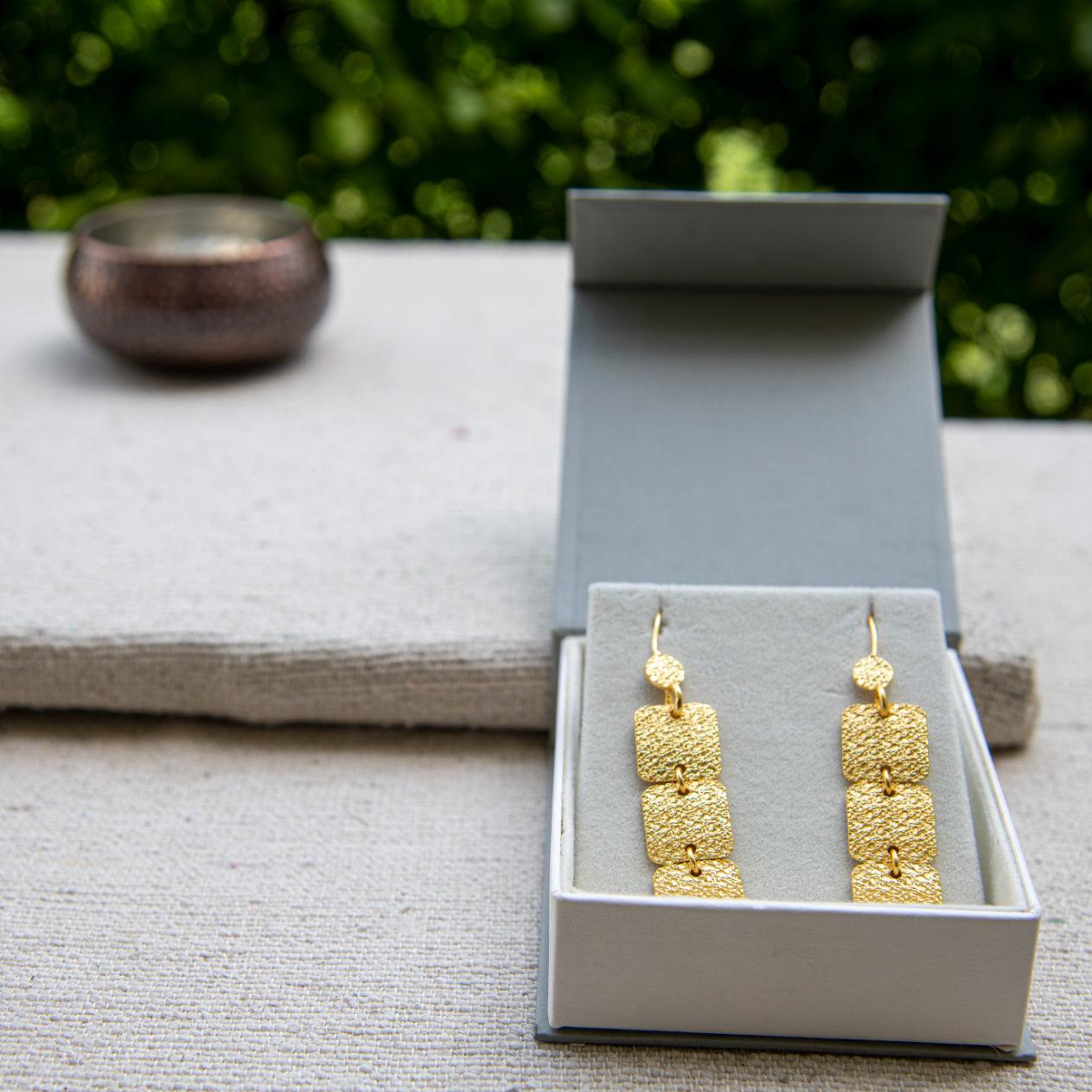 Hand Hammered 3 Tiles Flash Gold Plated Dangle Earring for Women