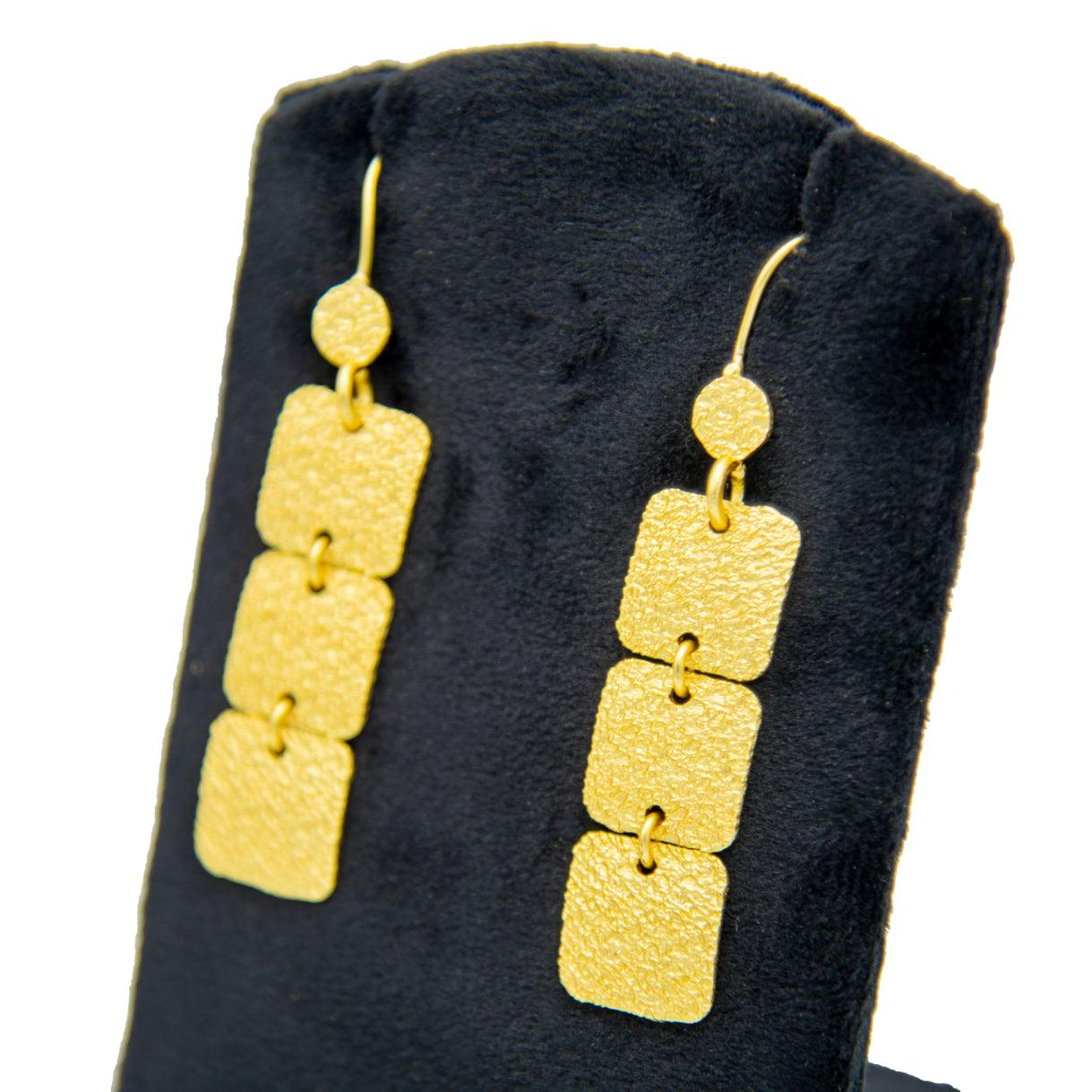 Hand Hammered 3 Tiles Flash Gold Plated Dangle Earring for Women