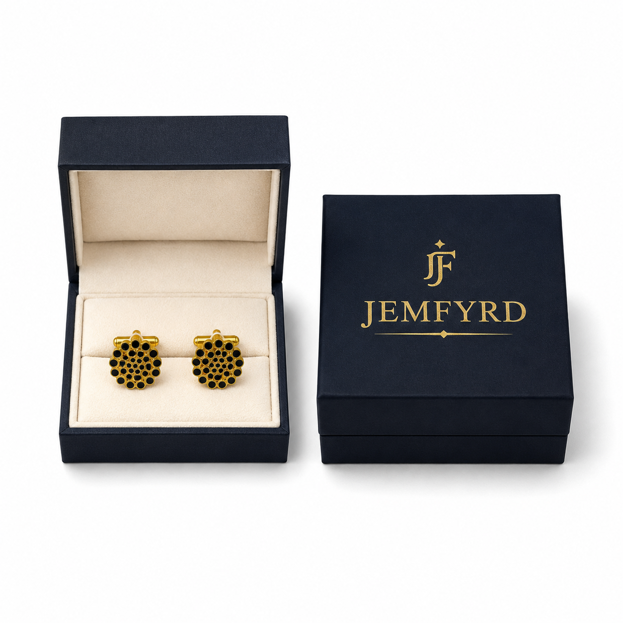 Black and Gold Round Shaped Enameled Cufflinks