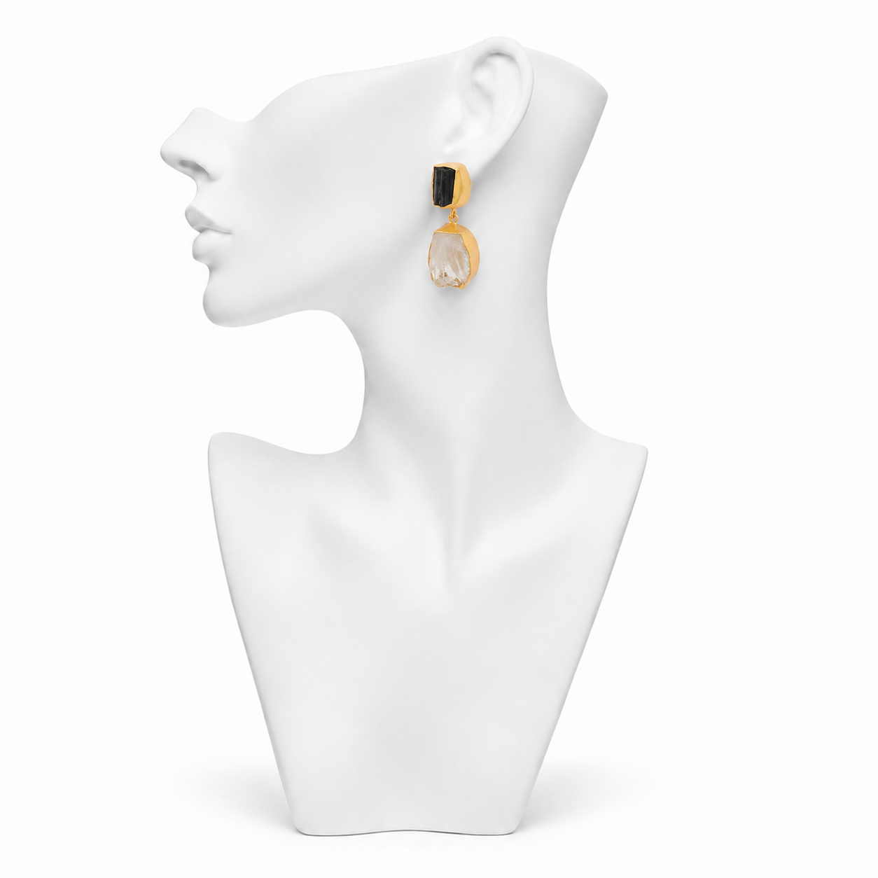 Crystal Quartz, Black Tourmaline Rough Gemstone Stud Earring