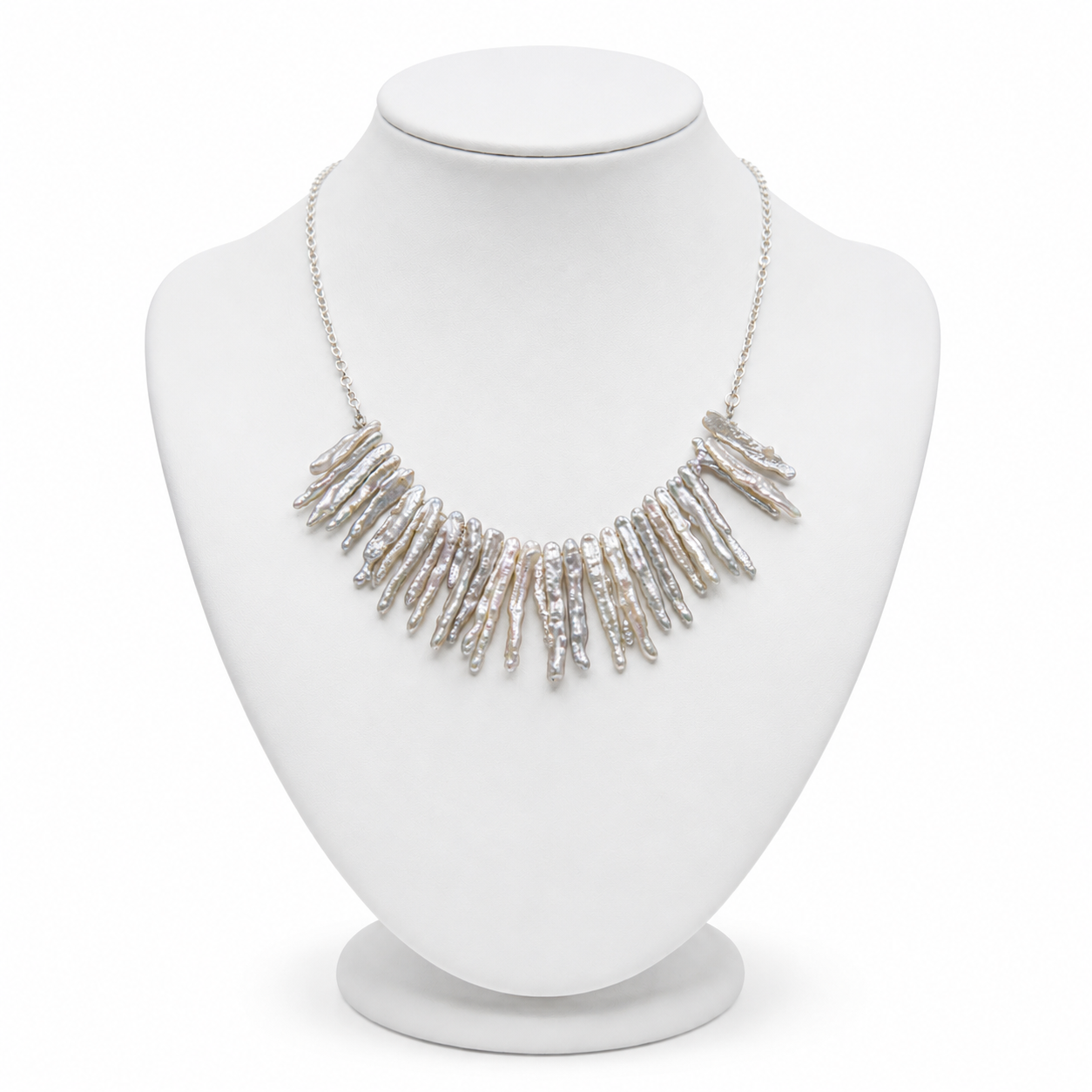 Natural Long Biwa Pearl Silver Plated Chain Necklace