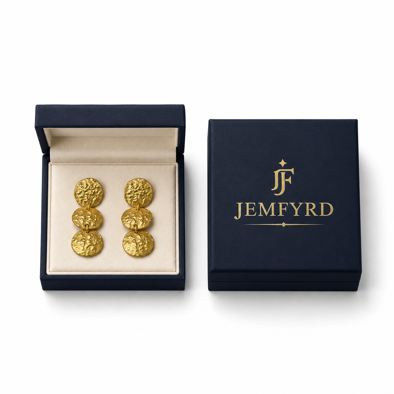 Hand Hammered Tri Disk Dangler Flash Gold Plated Stud Earring