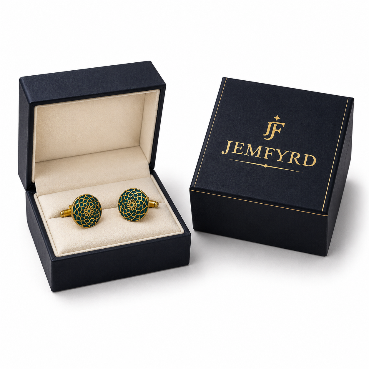 Round Turquoise Enameled Flower Flash Gold Plated Cufflinks