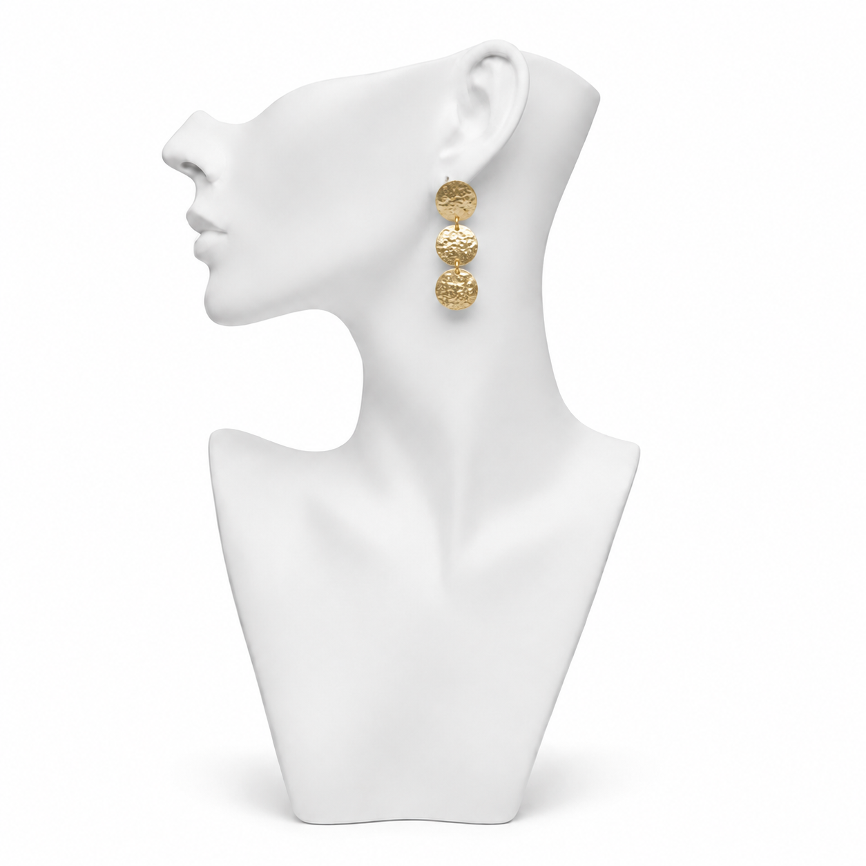 Hand Hammered Tri Disk Dangler Flash Gold Plated Stud Earring