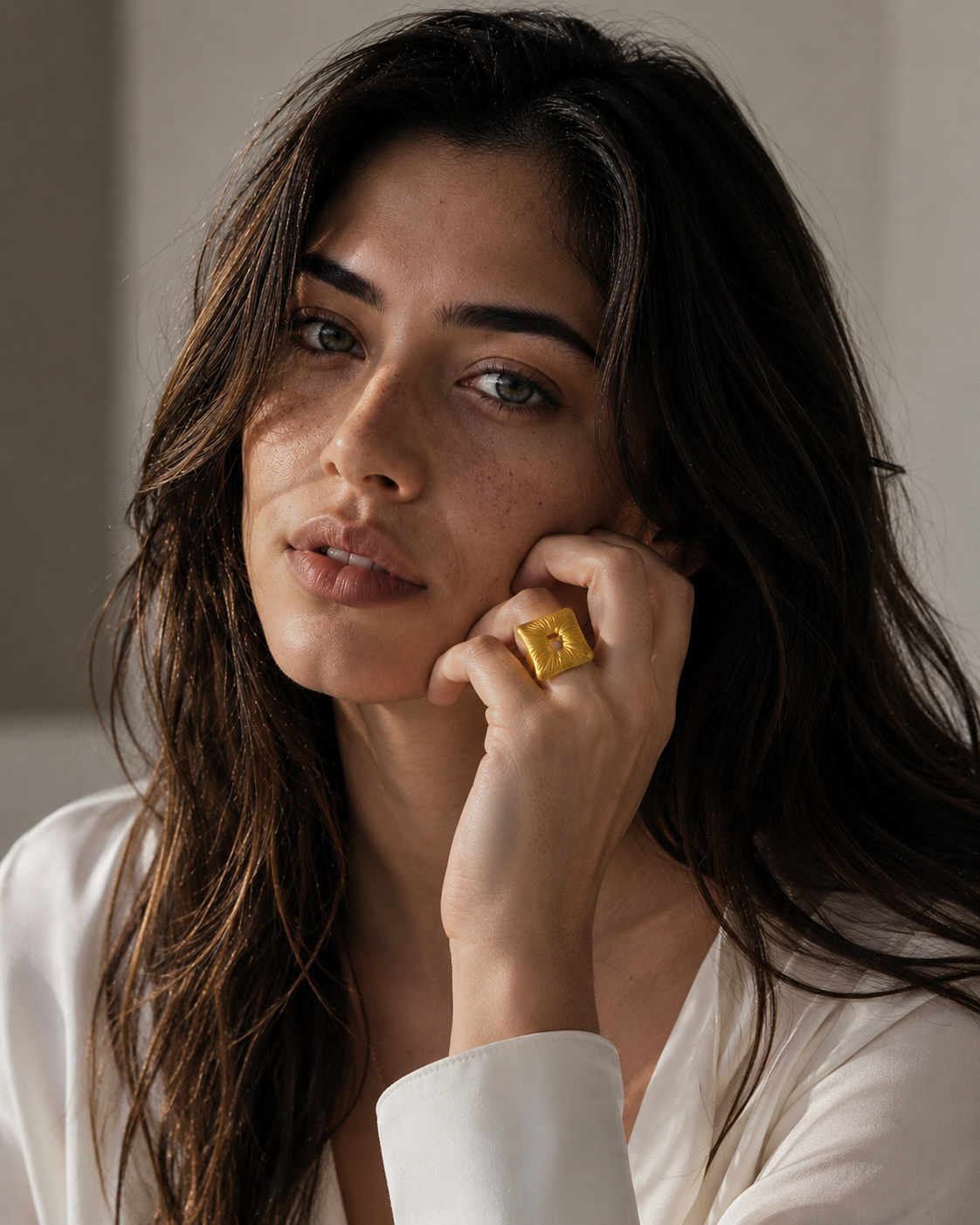 Square Textured Flash Gold Plated Brass Ring