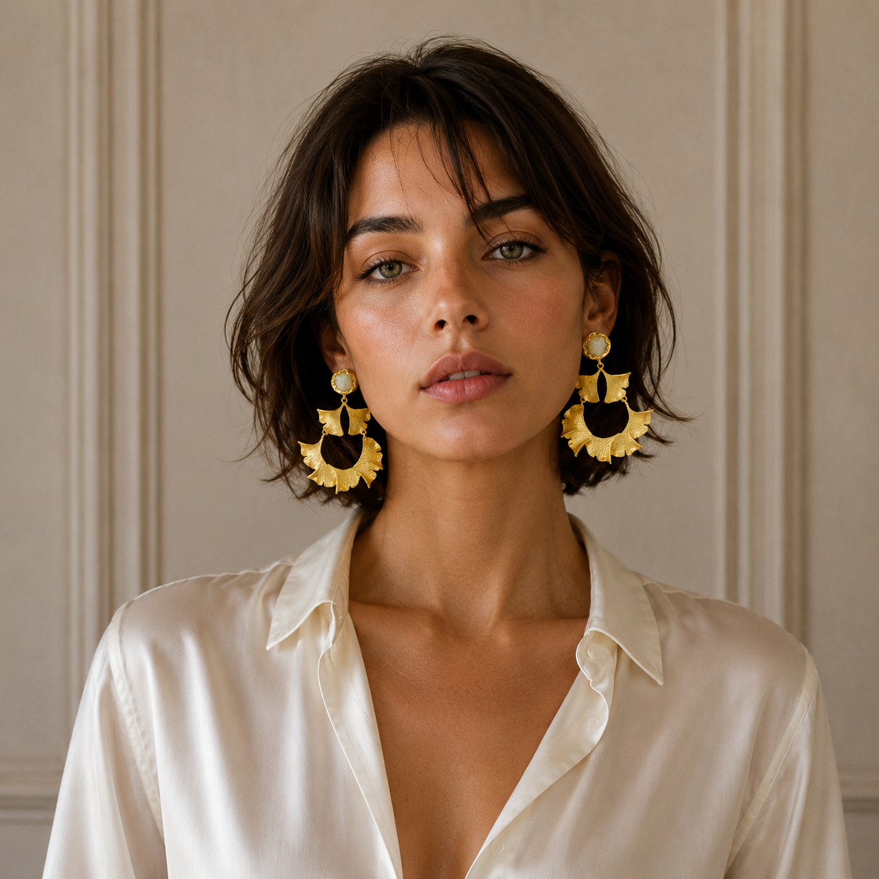 Citrine Brass Flash Gold Plating Ginkgo Stud Earring