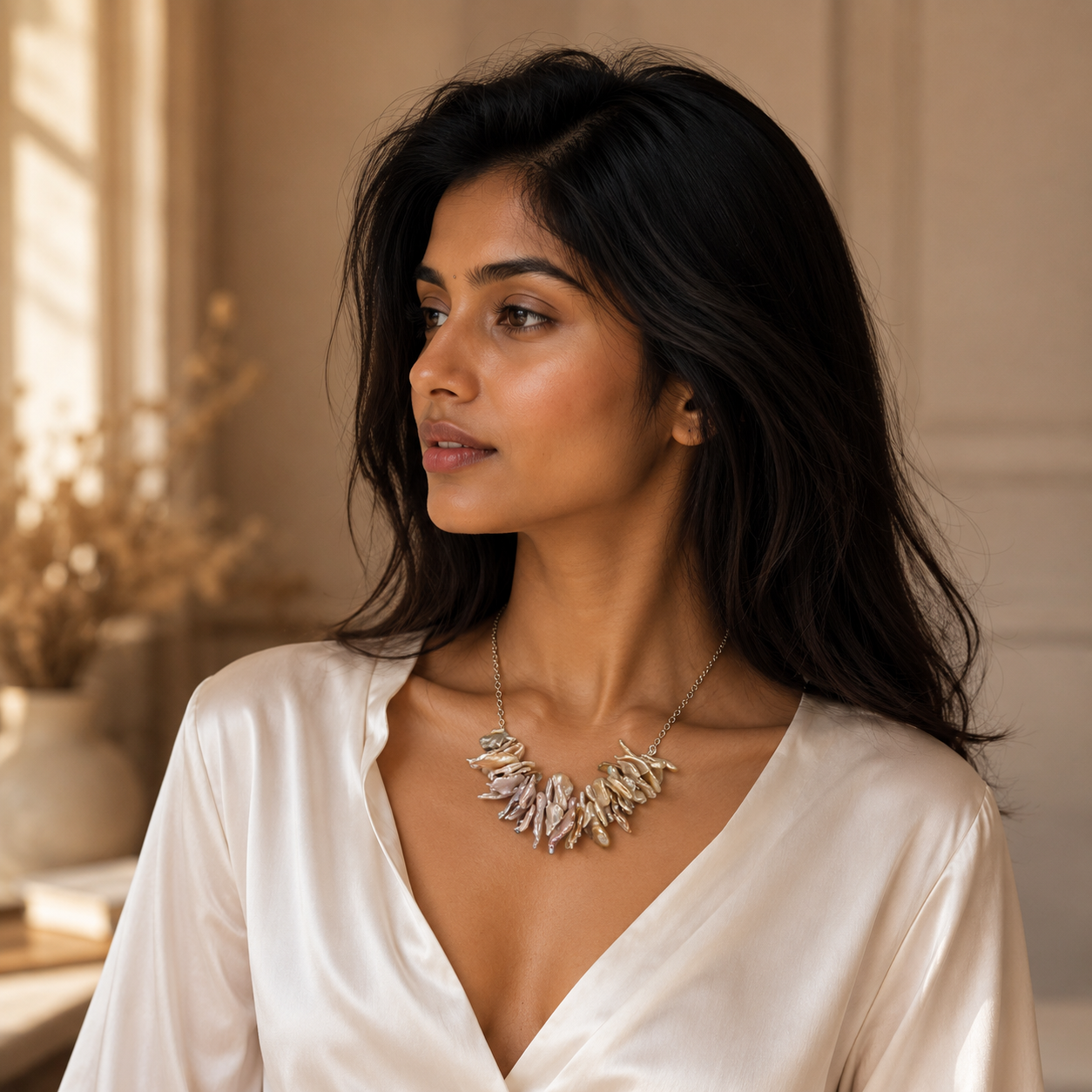Natural Biwa Pearl Silver Plated Chain Necklace