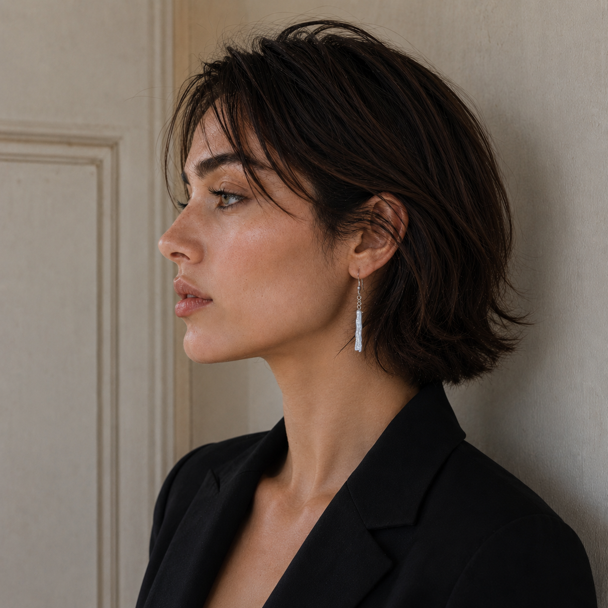 Long Biwa Pearl Silver Plated Dangler Hook Earring