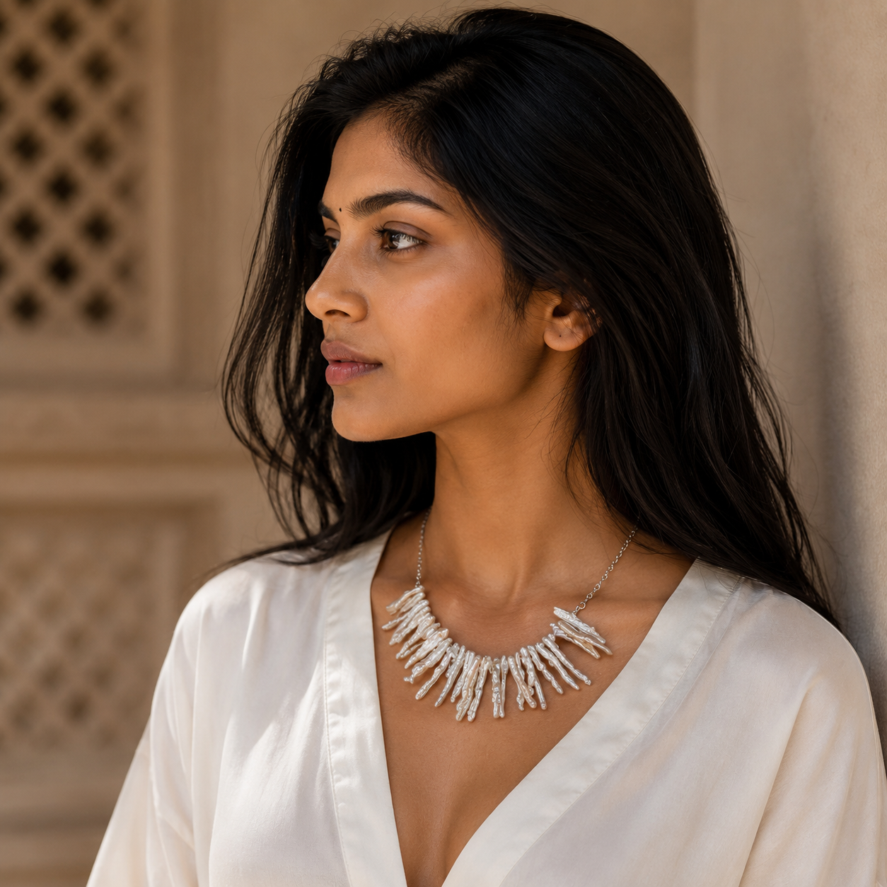 Natural Long Biwa Pearl Silver Plated Chain Necklace