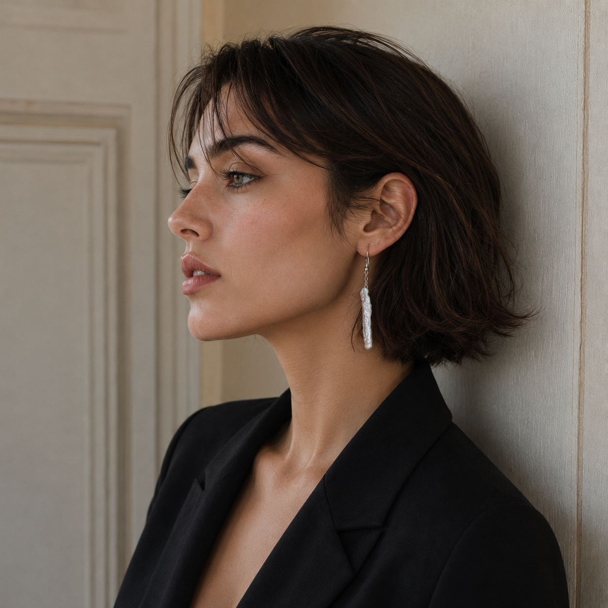 Natural Biwa Pearl Sliver Plated Chain Dangler Hook Earring