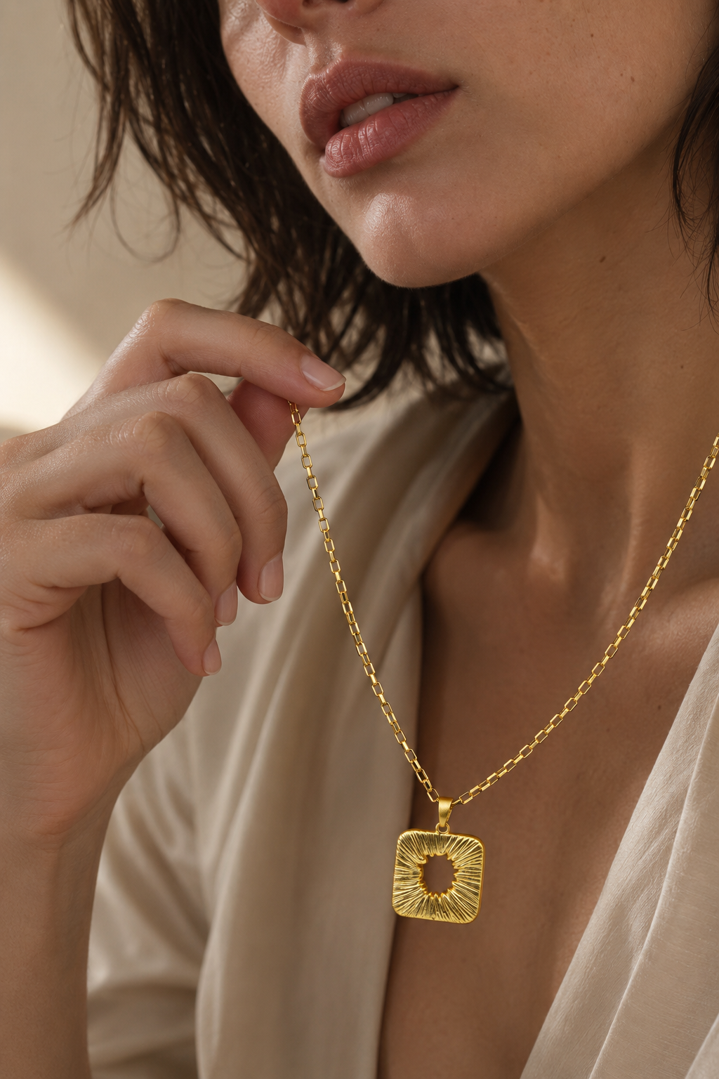 Square Textured Flash Gold Plated Brass Pendant