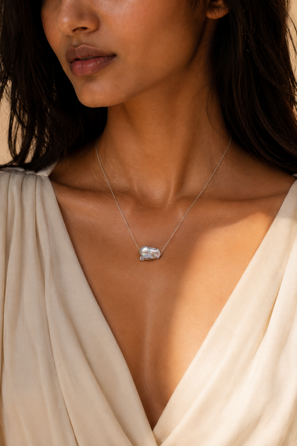 Natural Mabe Pearl Silver Plated Double Chain Necklace