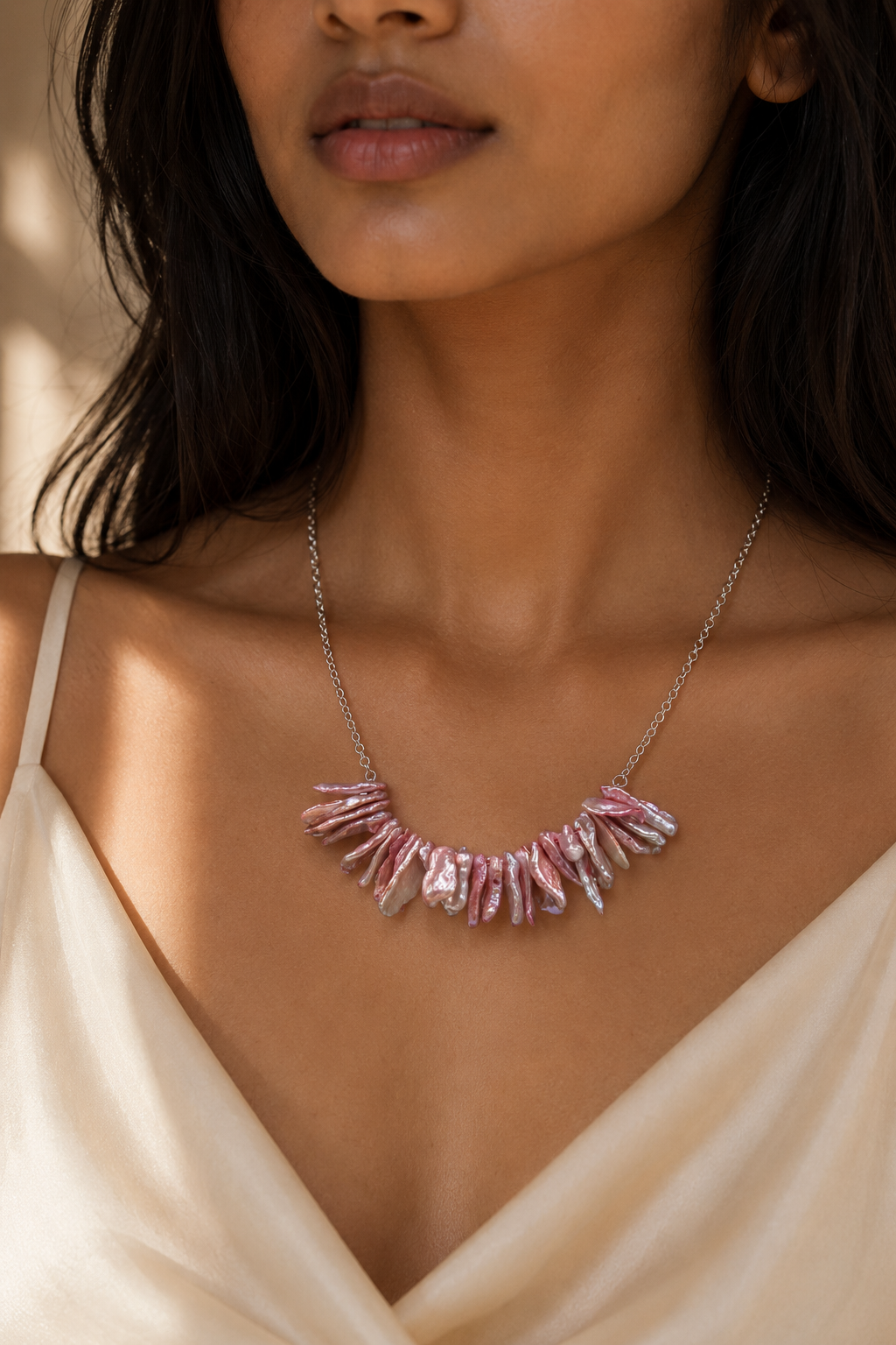 Natural Keshi Pearl Silver Plated Chain Necklace