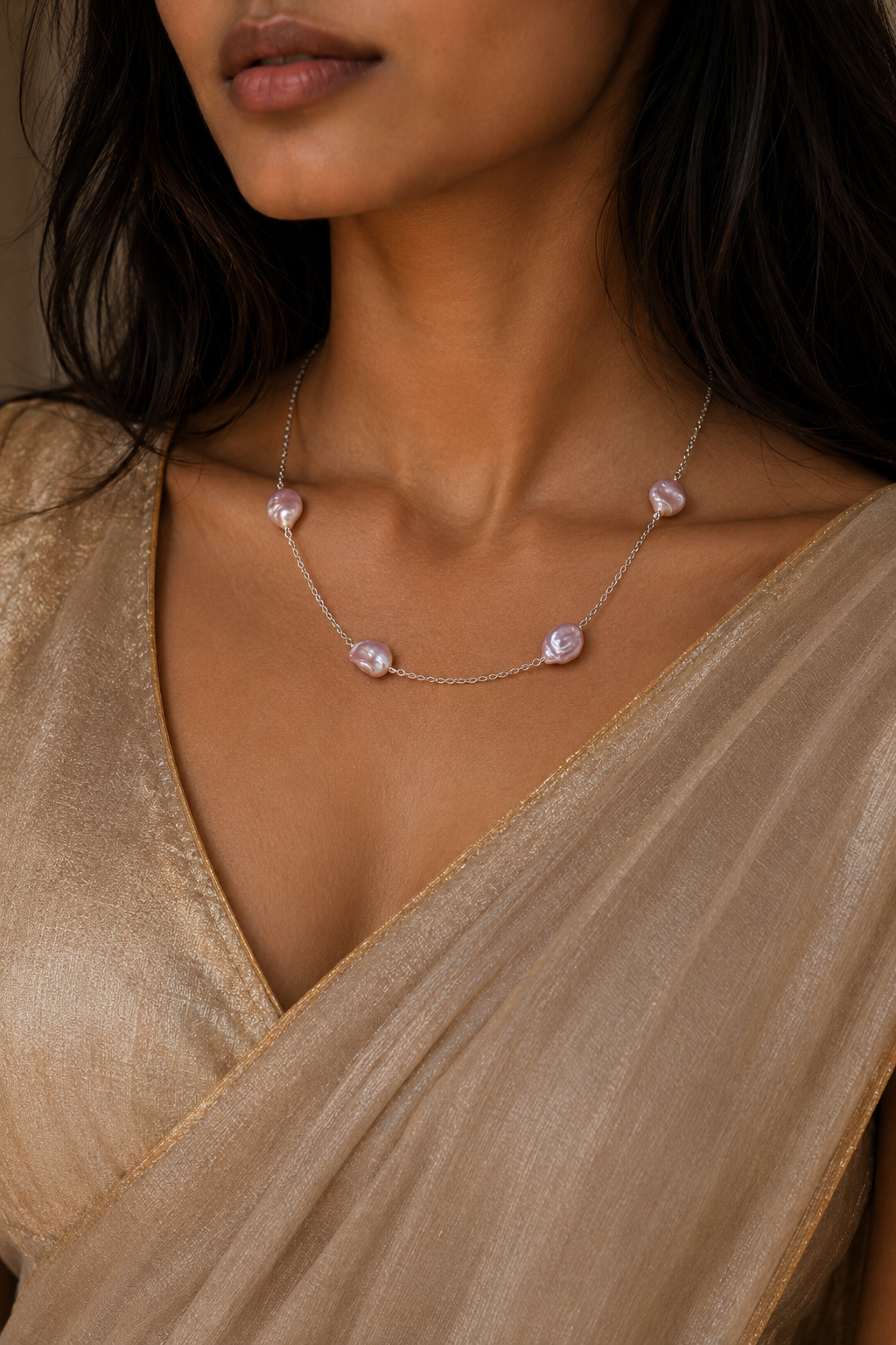 Natural Pearl Sliver Plated Cut Chain Necklace