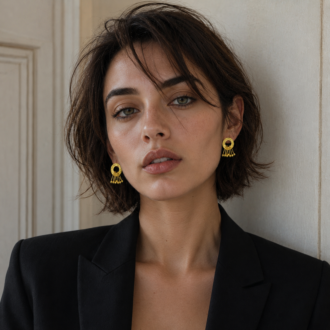 Hand Hammered Circle with Safety Pin Danglers Flash Gold Plated Stud Earring