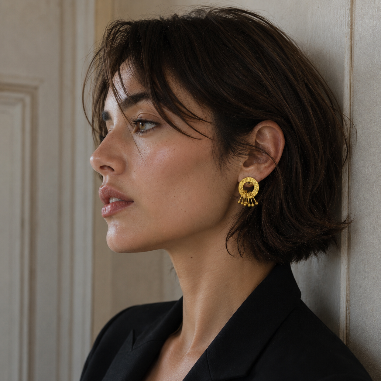 Hand Hammered Circle with Safety Pin Danglers Flash Gold Plated Stud Earring