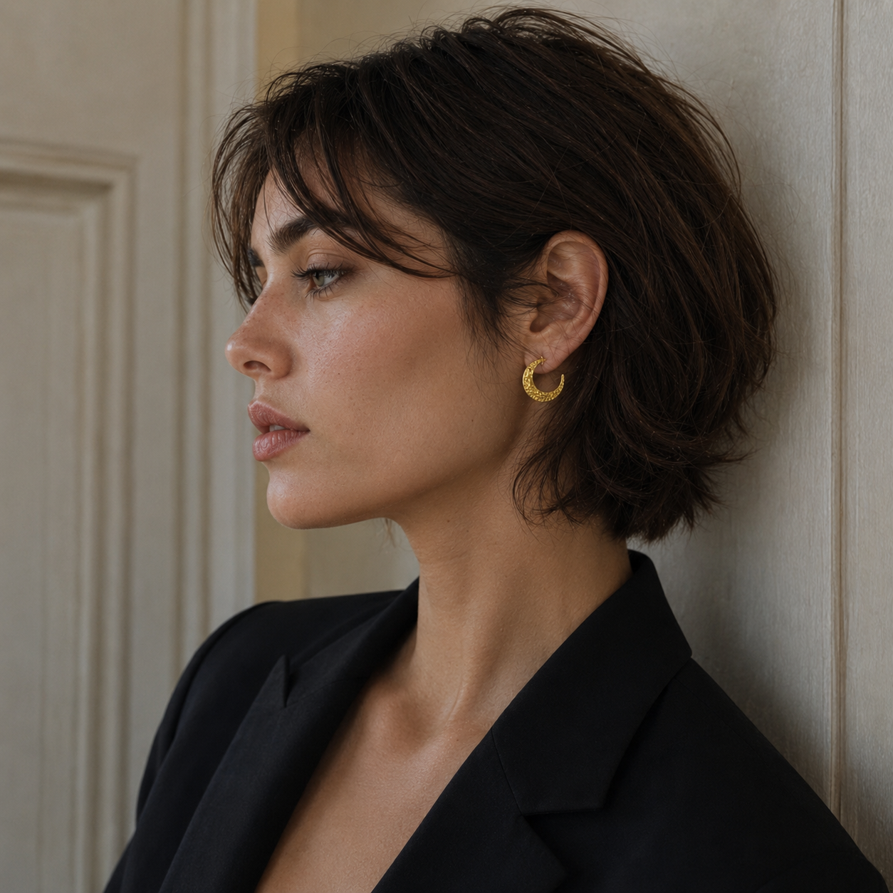 Textured Crescent Moon Flash Gold Plated Stud Earring