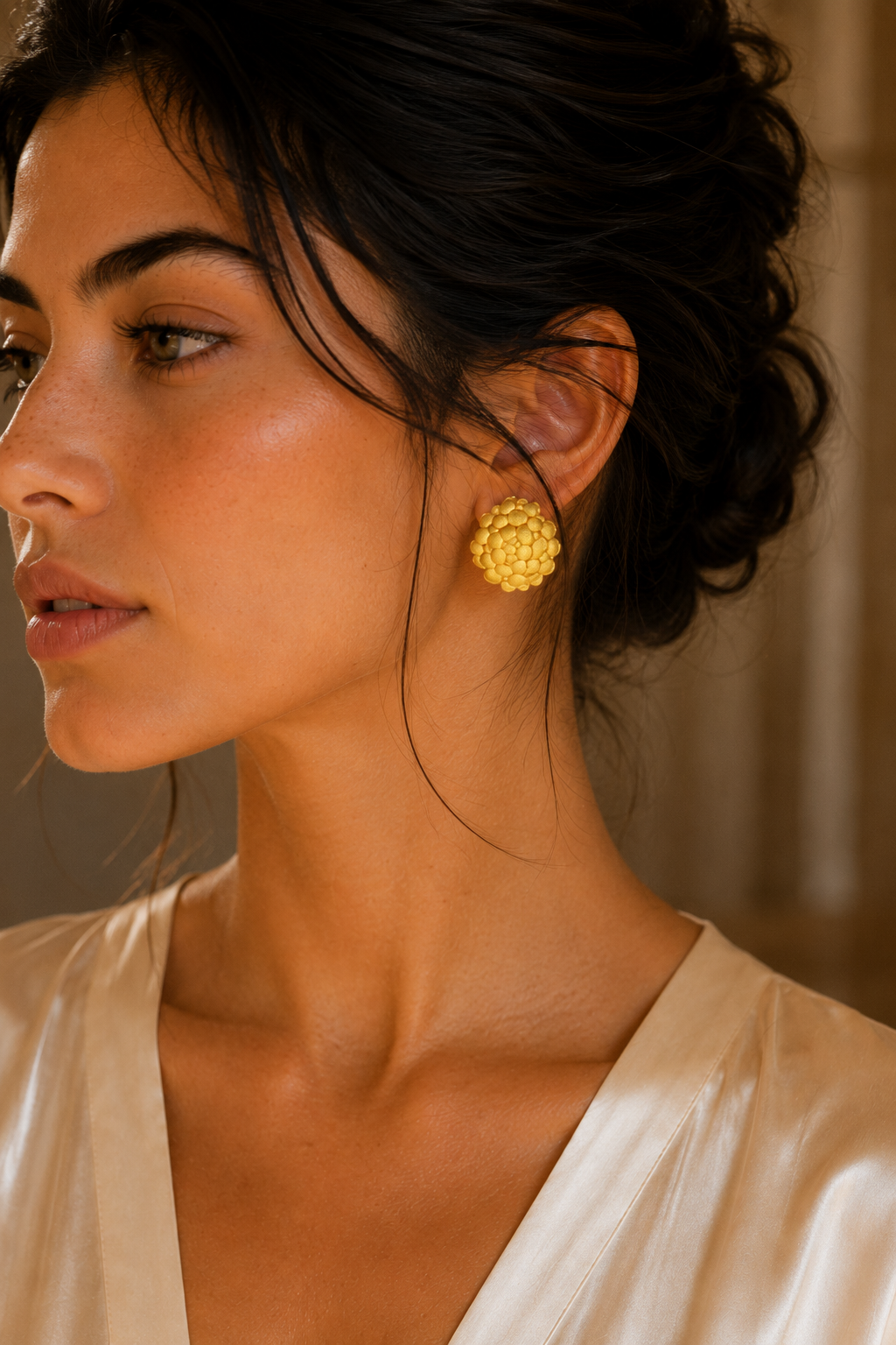 Bee Hive Hand Hammered Flash Gold Plated Brass Stud Earring