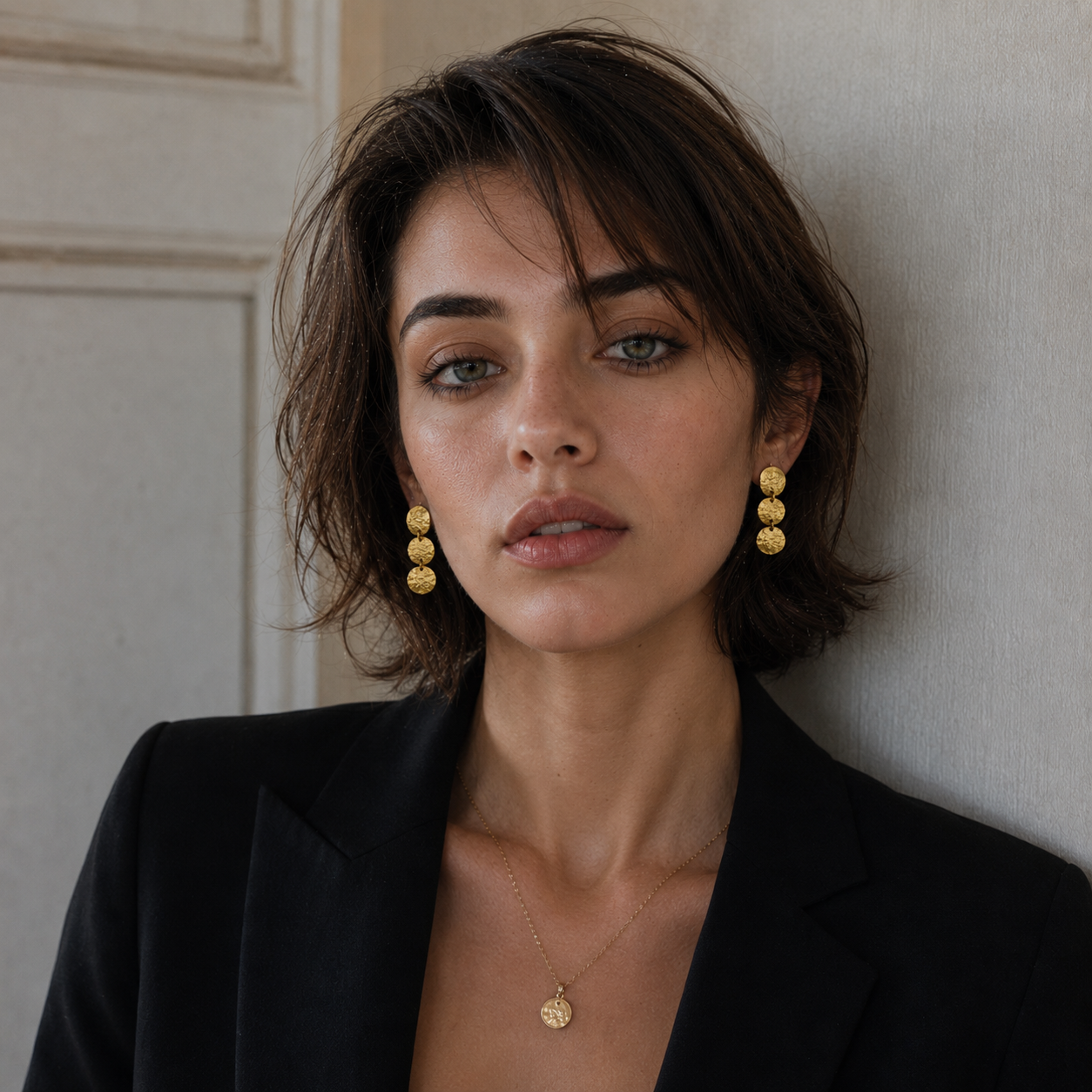 Hand Hammered Tri Disk Dangler Flash Gold Plated Stud Earring