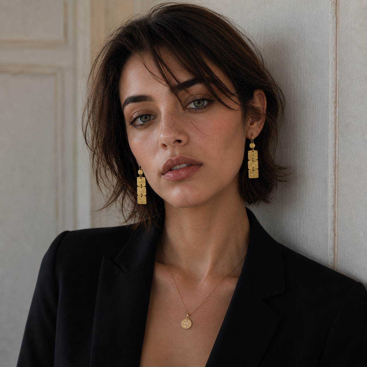 Hand Hammered 3 Tiles Flash Gold Plated Dangle Earring