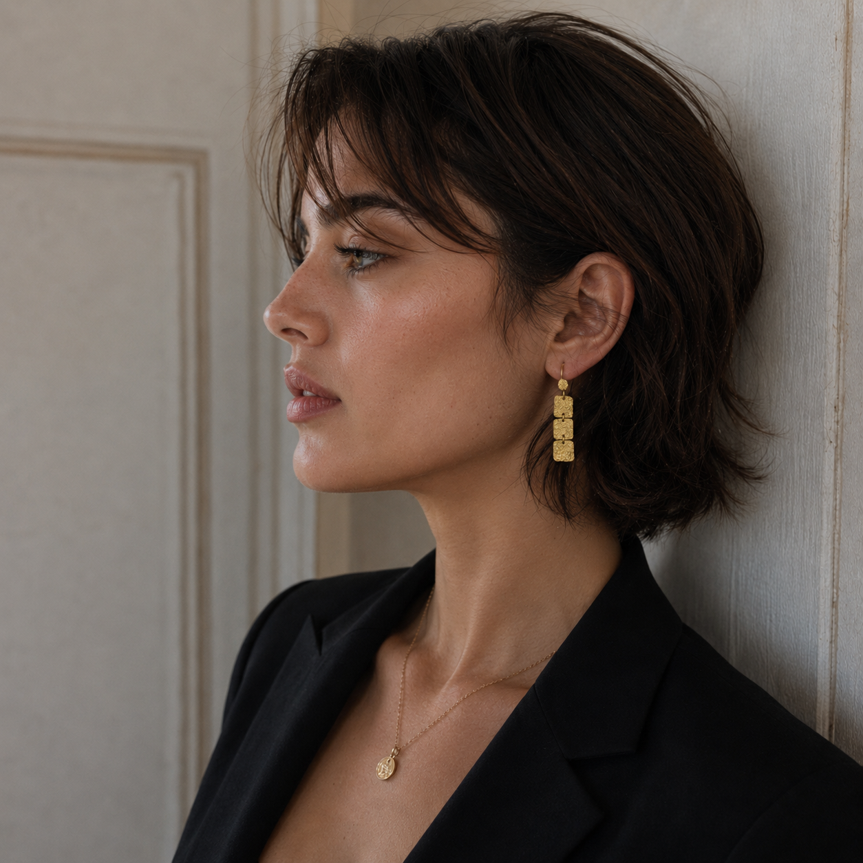 Hand Hammered 3 Tiles Flash Gold Plated Dangle Earring