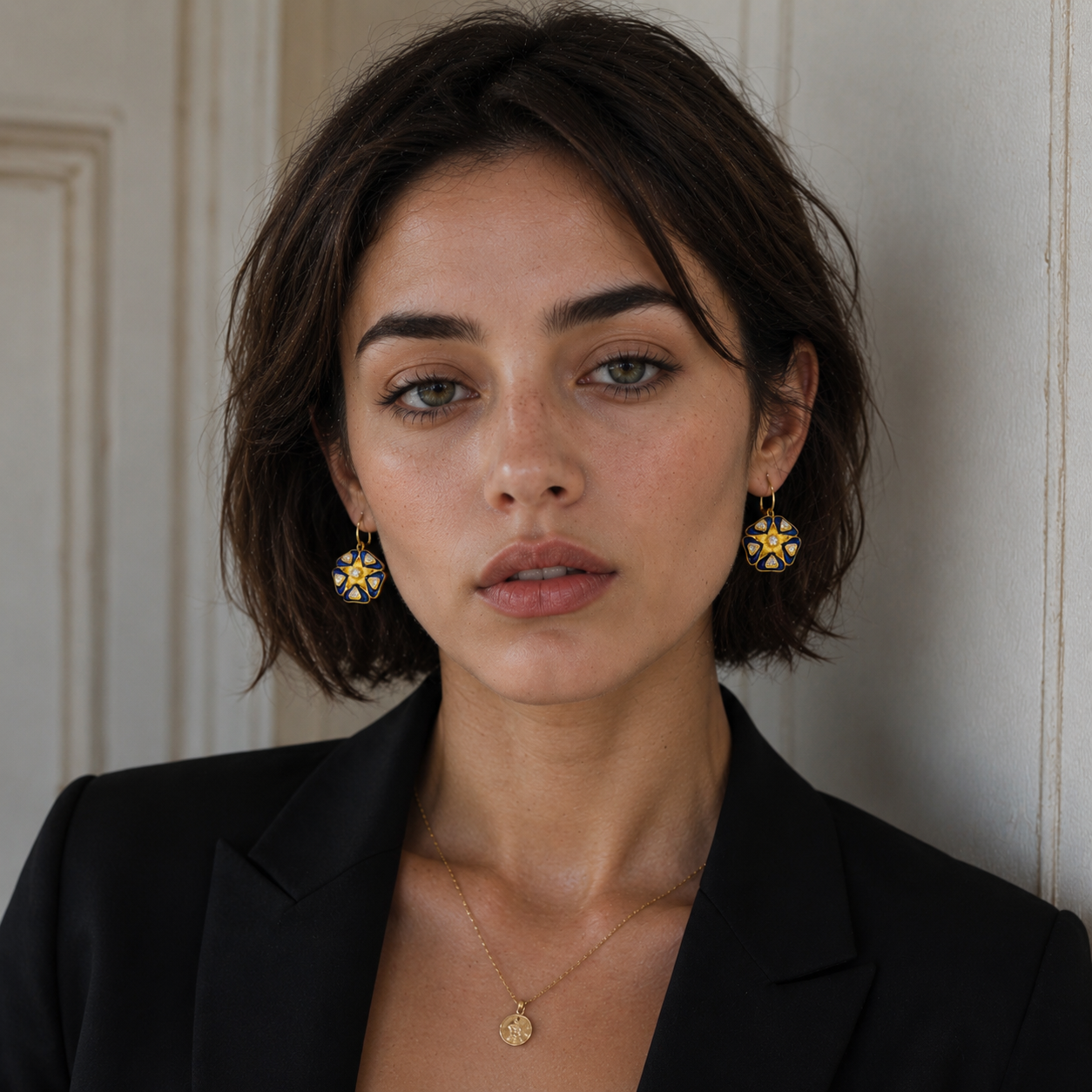 Enameled Flash Gold Plated Stylized flower Victorian era earrings Enameled Flash Gold Plated