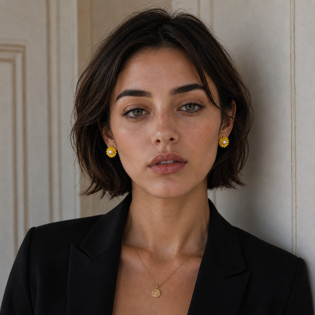 Sunflower style enameled Flash Gold Plated stud earring