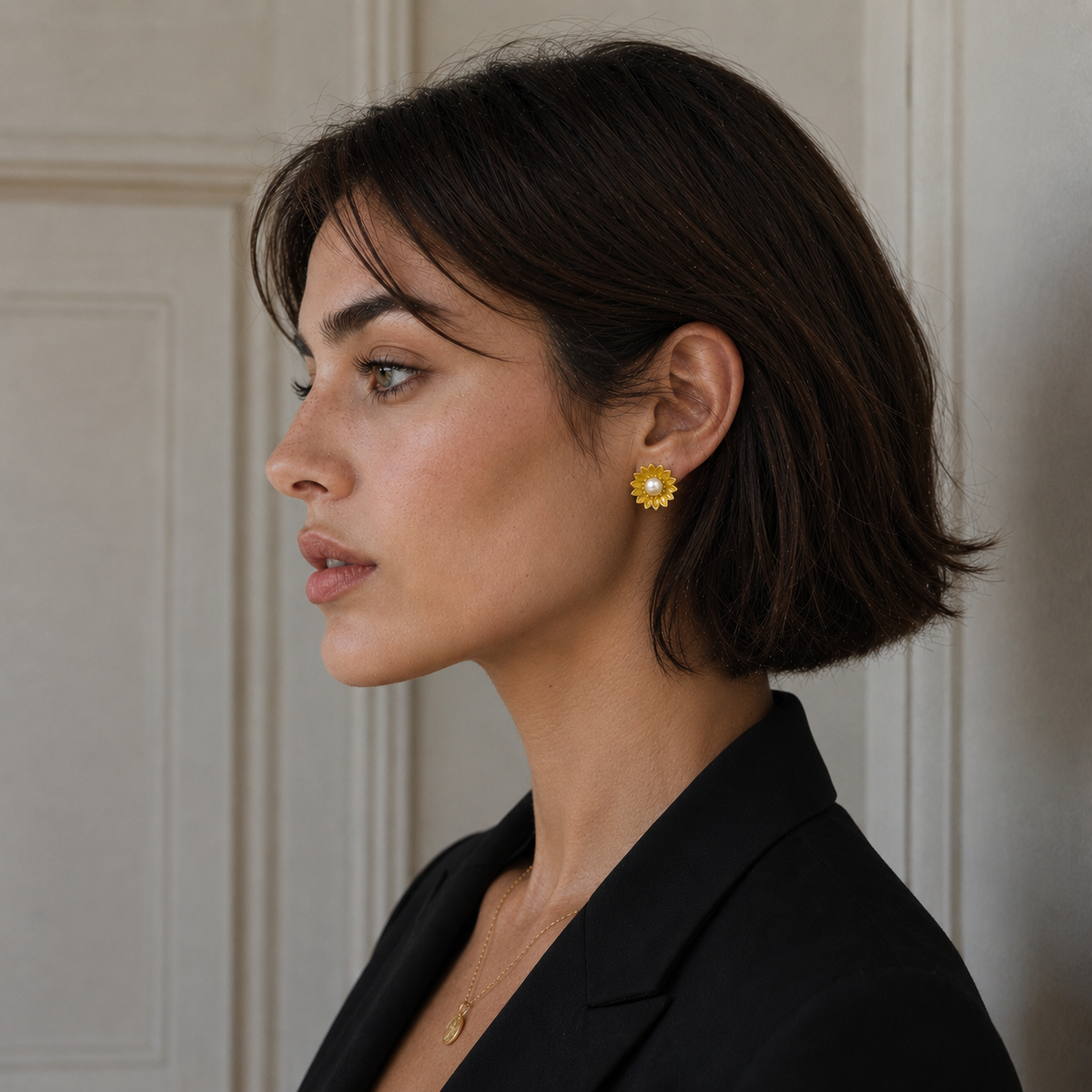 Sunflower style enameled Flash Gold Plated stud earring