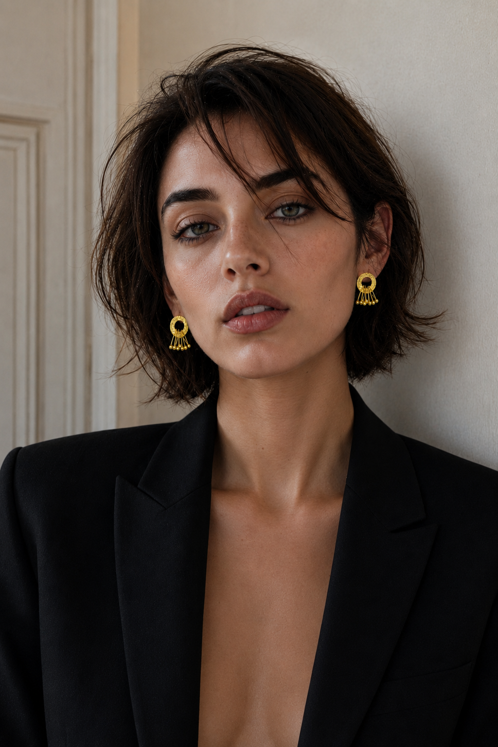 Hand Hammered Circle with Safety Pin Danglers Flash Gold Plated Stud Earring