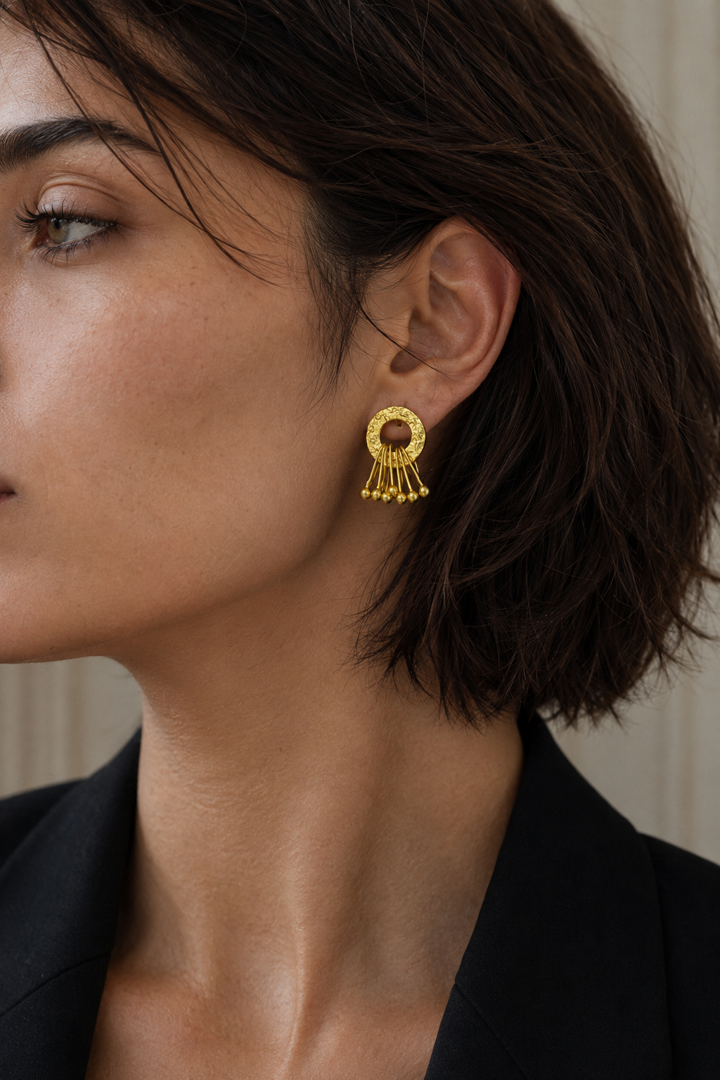 Hand Hammered Circle with Safety Pin Danglers Flash Gold Plated Stud Earring