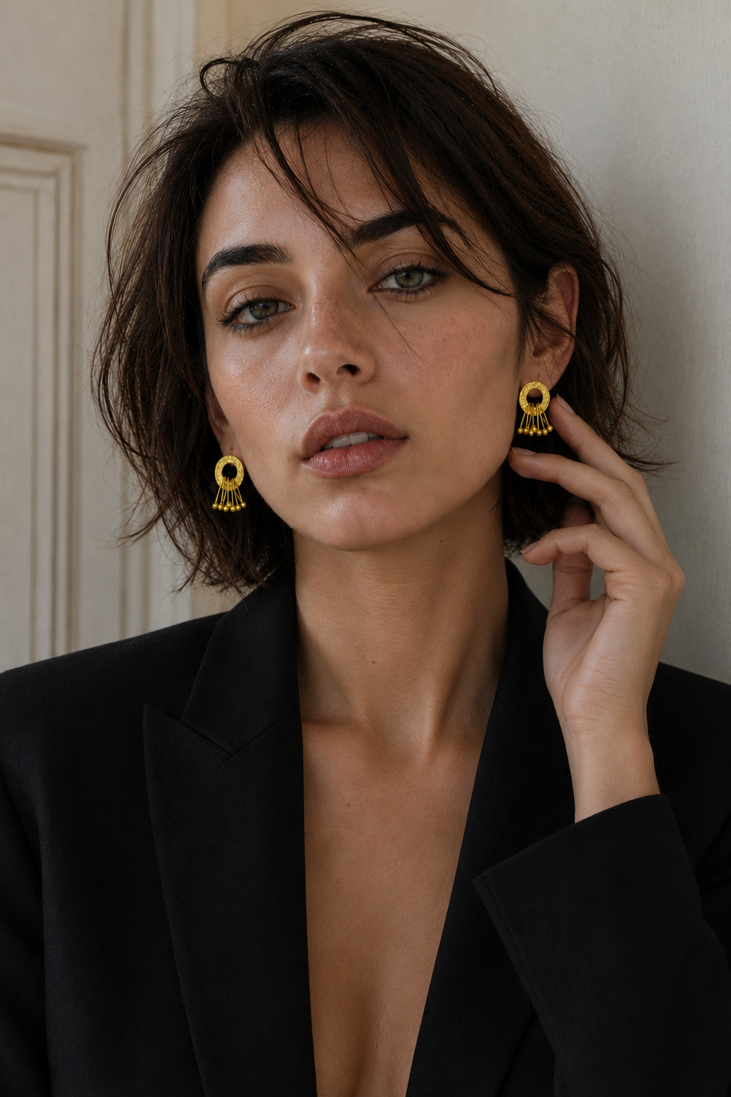 Hand Hammered Circle with Safety Pin Danglers Flash Gold Plated Stud Earring