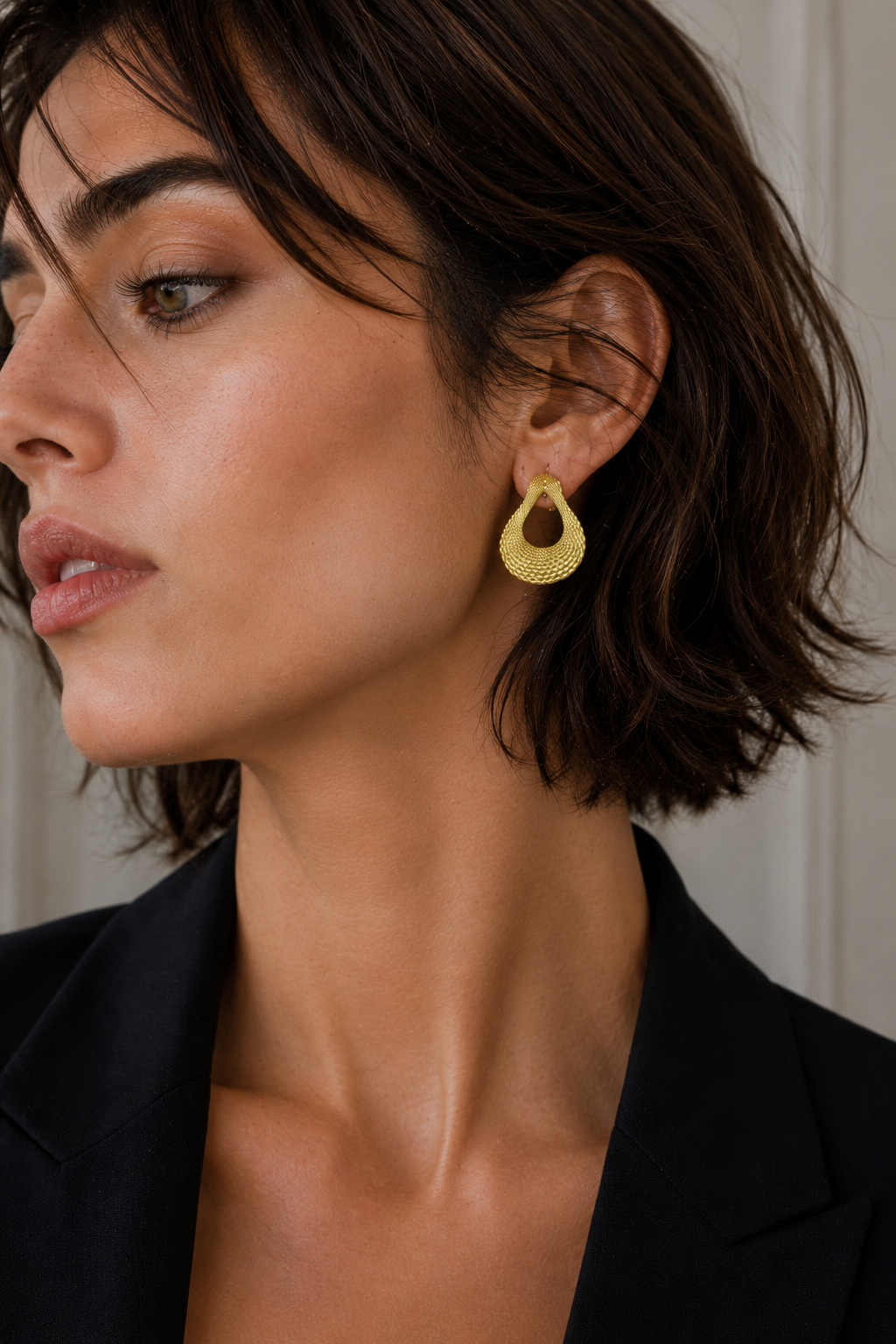 Uneven Textured Oval Gold Plated Earring