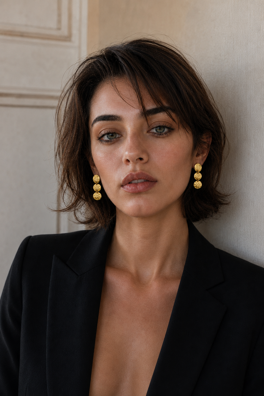 Hand Hammered Tri Disk Dangler Flash Gold Plated Stud Earring