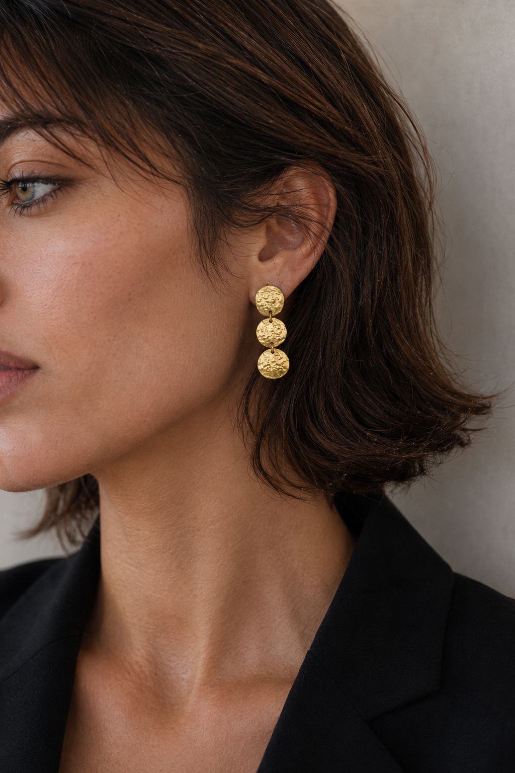 Hand Hammered Tri Disk Dangler Flash Gold Plated Stud Earring