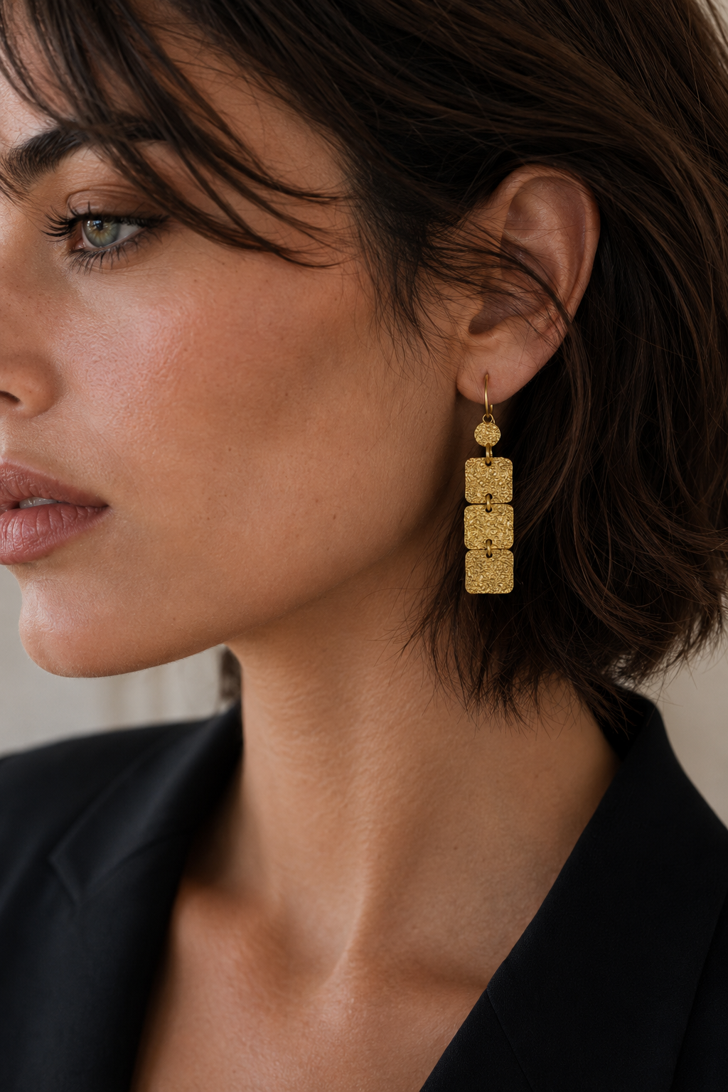 Hand Hammered 3 Tiles Flash Gold Plated Dangle Earring