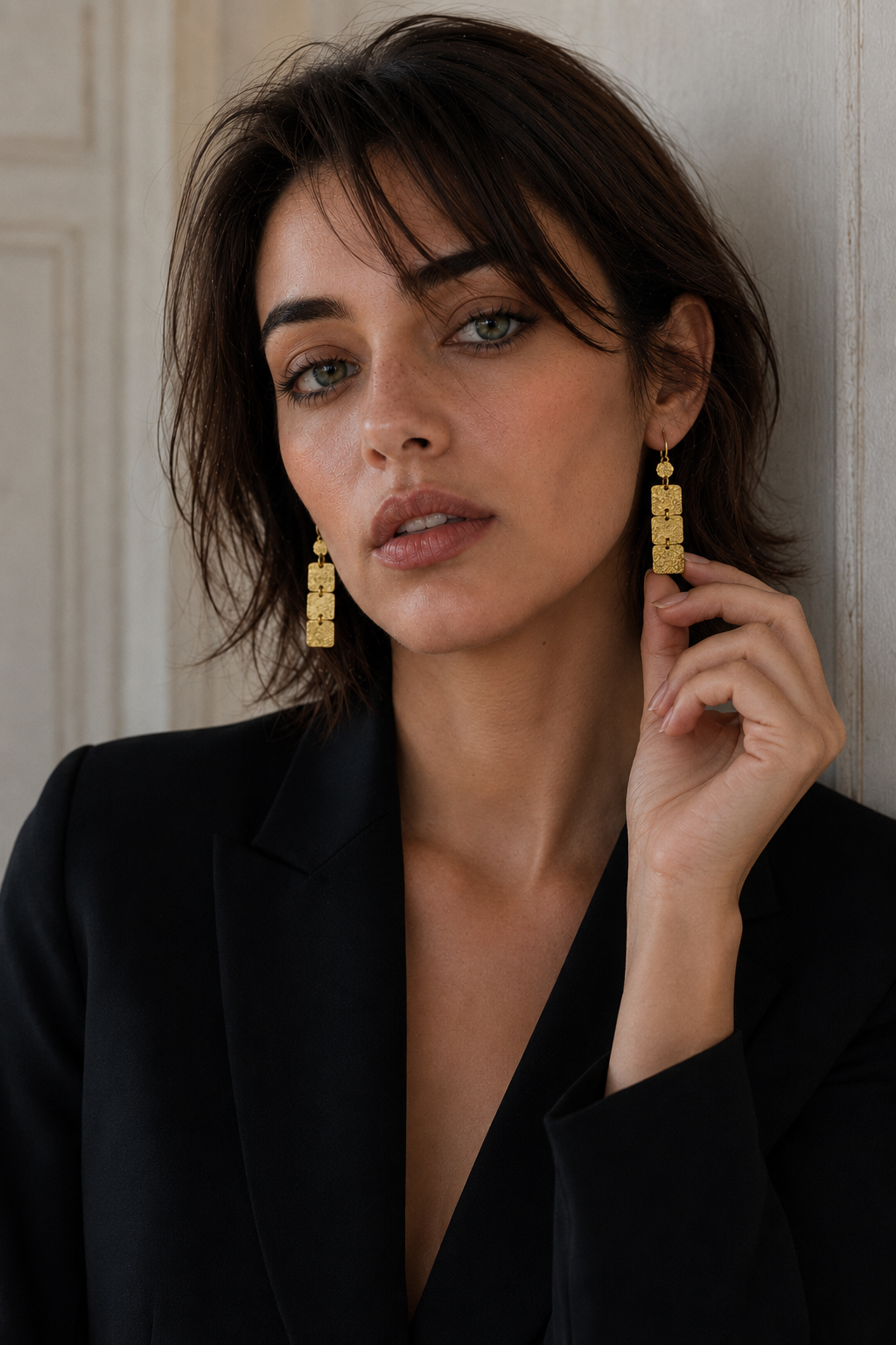 Hand Hammered 3 Tiles Flash Gold Plated Dangle Earring
