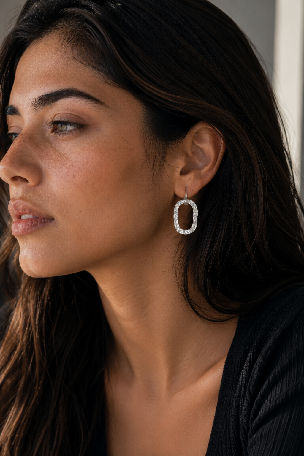 Hammered Oval Hoop Silver Earring