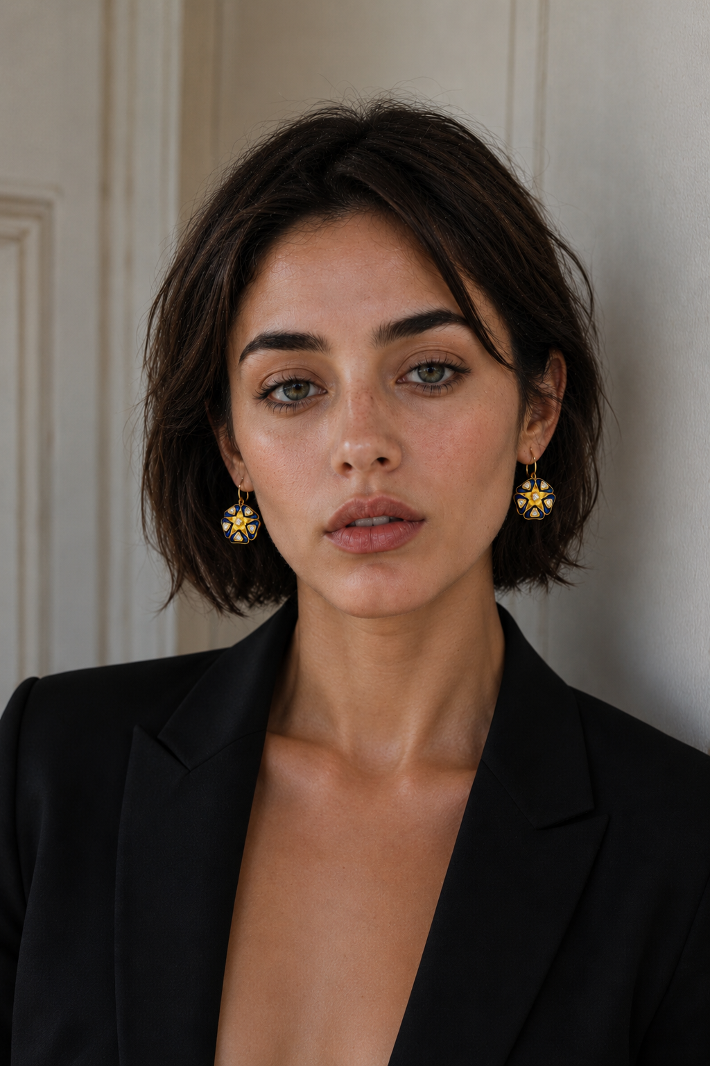 Enameled Flash Gold Plated Stylized flower Victorian era earrings Enameled Flash Gold Plated