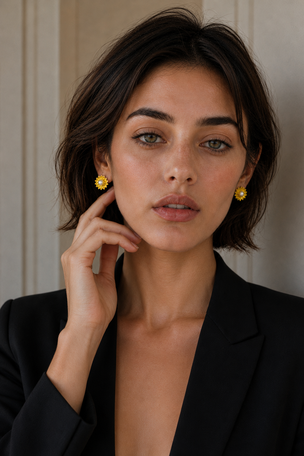 Sunflower style enameled Flash Gold Plated stud earring