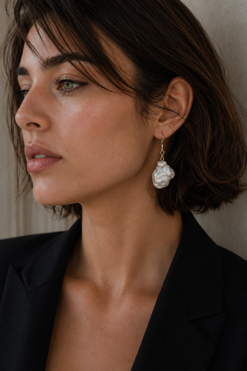 Natural Baroque Pearl Curved Small Silver Plated Chain Dangler Hook Earring