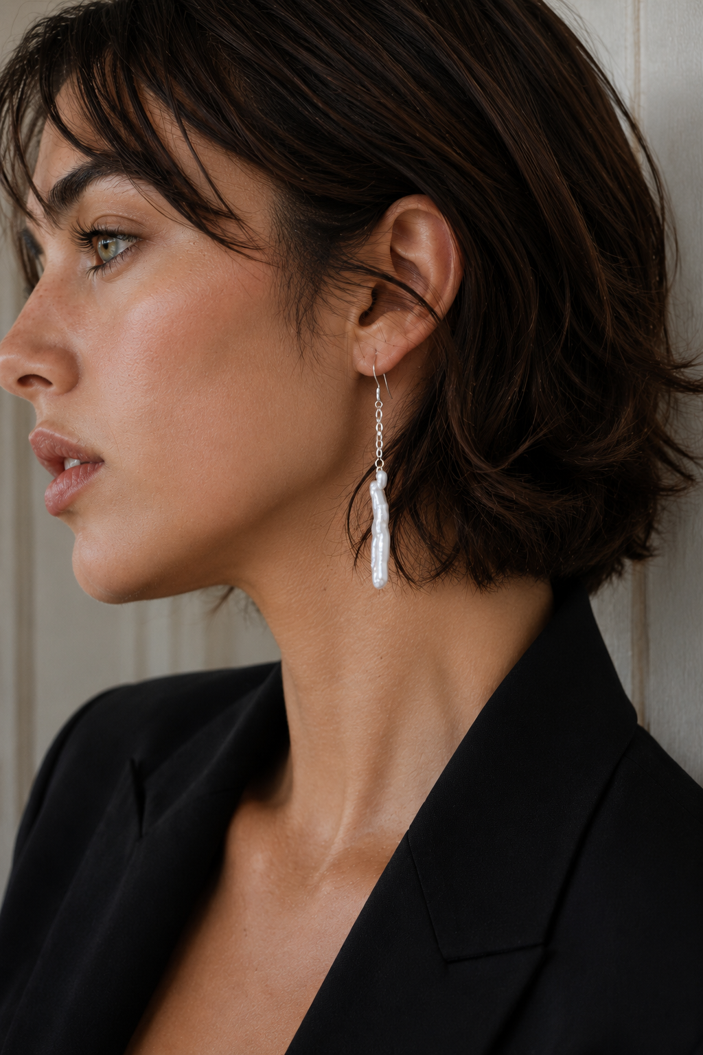 Natural Biwa Pearl Sliver Plated Chain Dangler Hook Earring