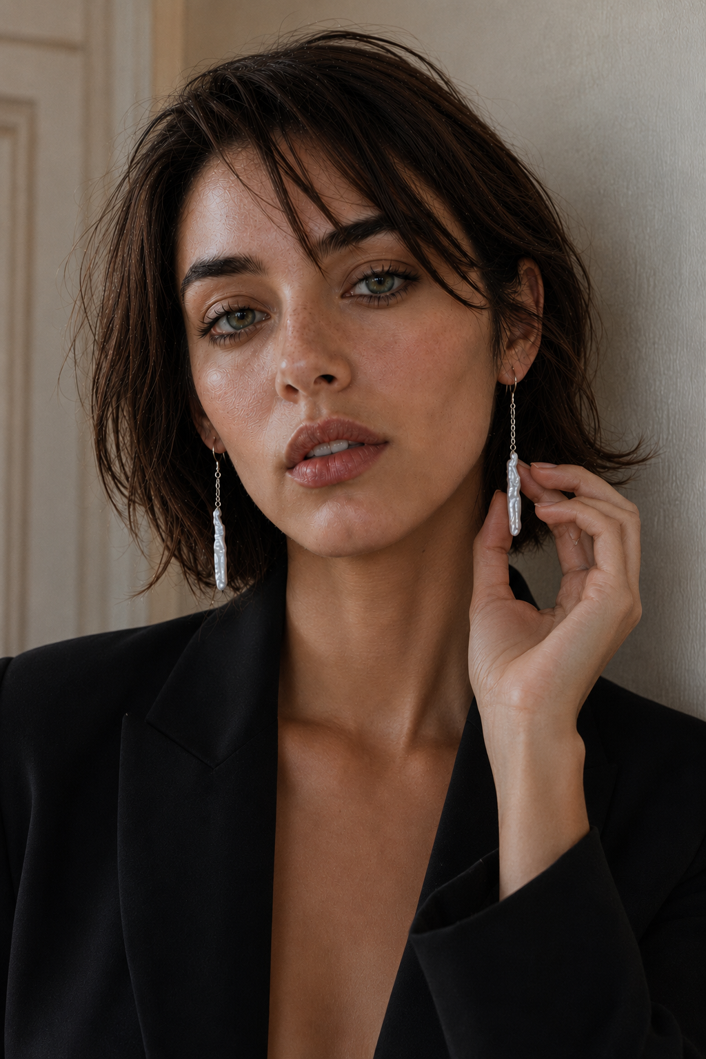 Natural Biwa Pearl Sliver Plated Chain Dangler Hook Earring