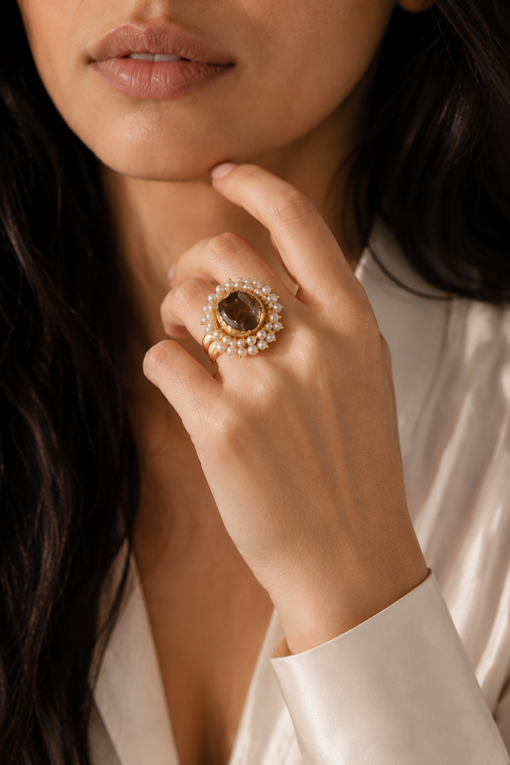 Pearl Brass Flash Gold Plating Floral Ring