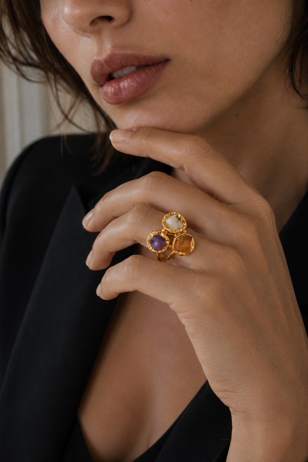 Multi Gemstone Brass Flash Gold Plating Bezel Ring