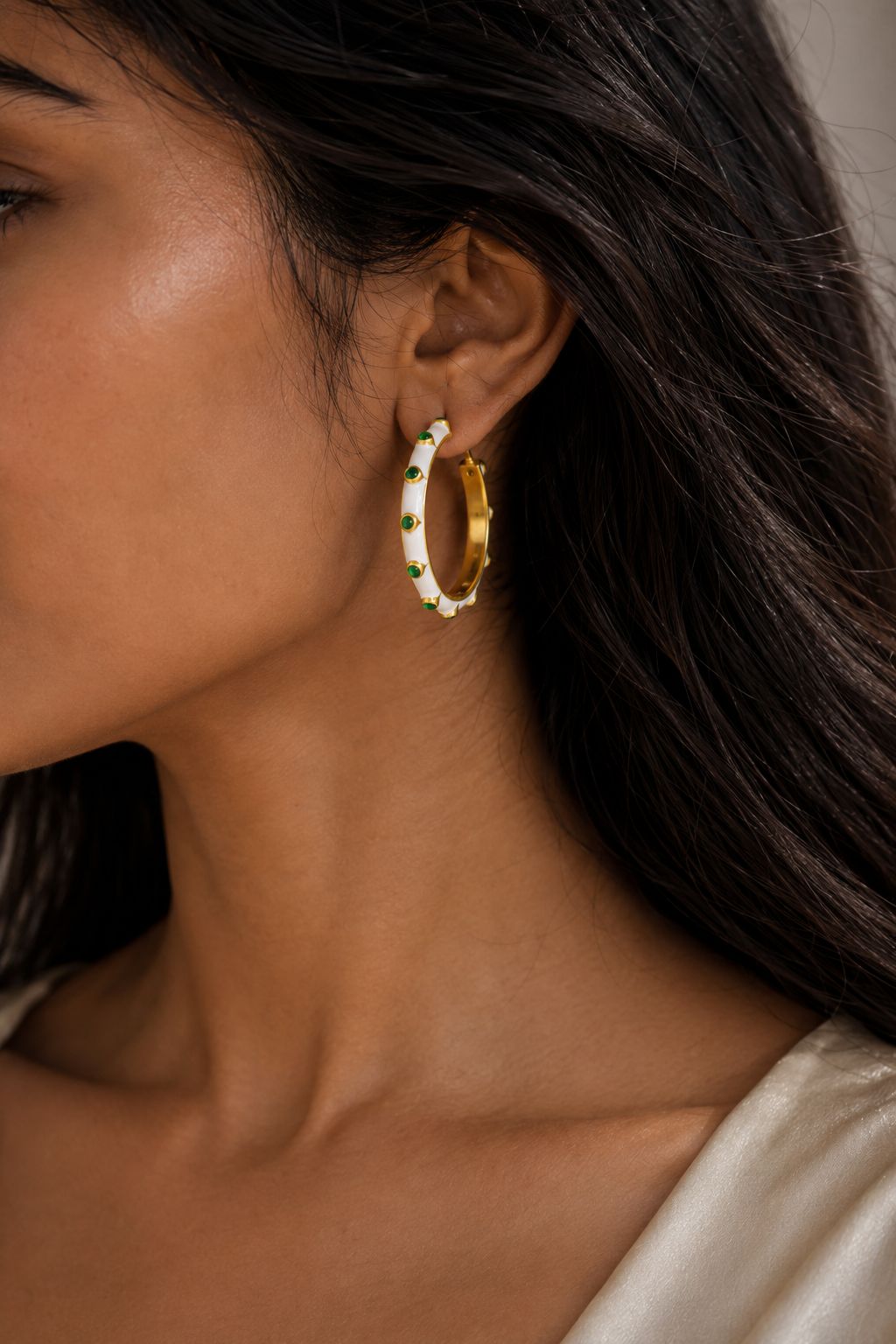 CZ with White Enamel Hoop Flash Gold Plated Brass Stud Earring