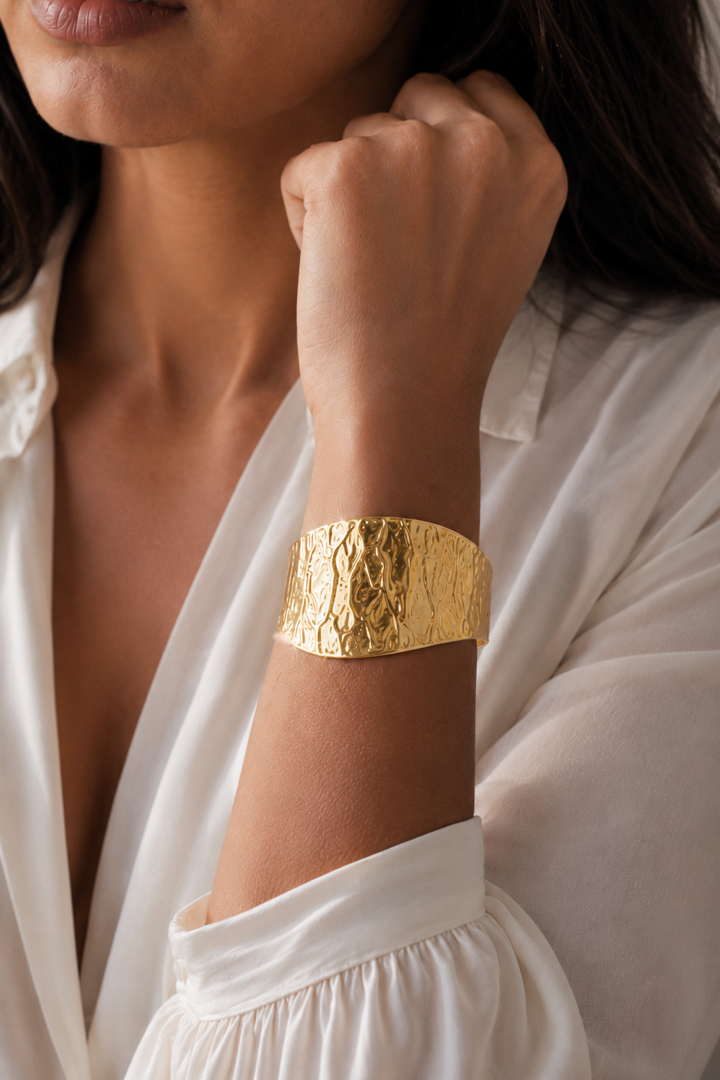 Hand Hammered Semi Circle Hoop Flash Gold Plated Brass Cuff