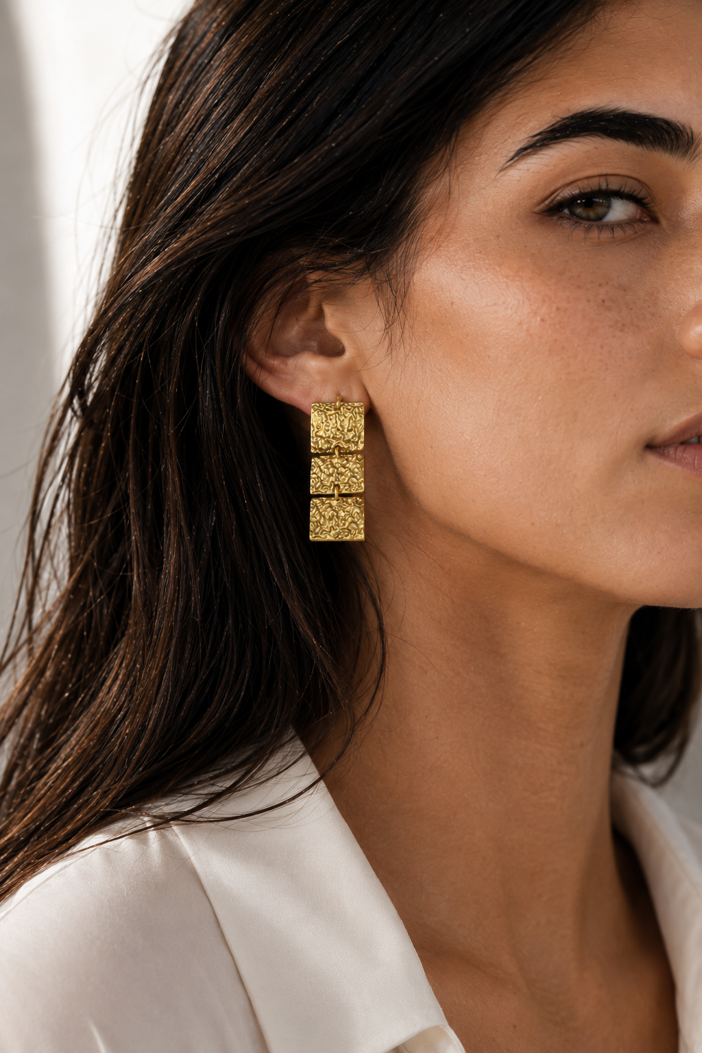 Hand Hammered Square Dangler Flash Gold Plated Stud Earring